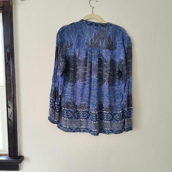 Lucky Brand Womens V-Neck Tie Long Sleeve Printed Peasant Boho Blue Top Size M - Picture 5 of 5